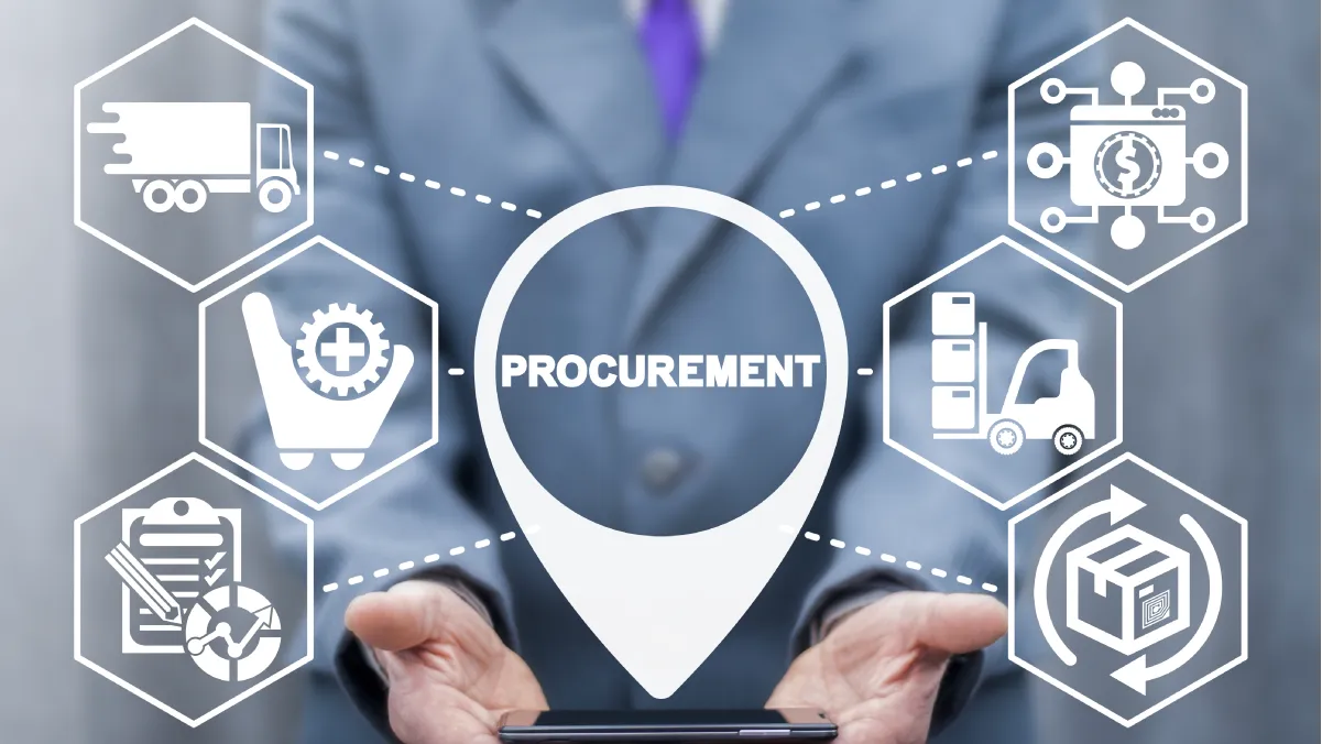 A business professional in a suit is holding a smartphone with graphic icons representing various aspects of procurement, including logistics, supply chain management, and regulatory compliance. The central focus is the word "PROCUREMENT," highlighted within a circular graphic, surrounded by hexagonal icons depicting a truck, a shopping cart, a clipboard, a forklift, and a package.